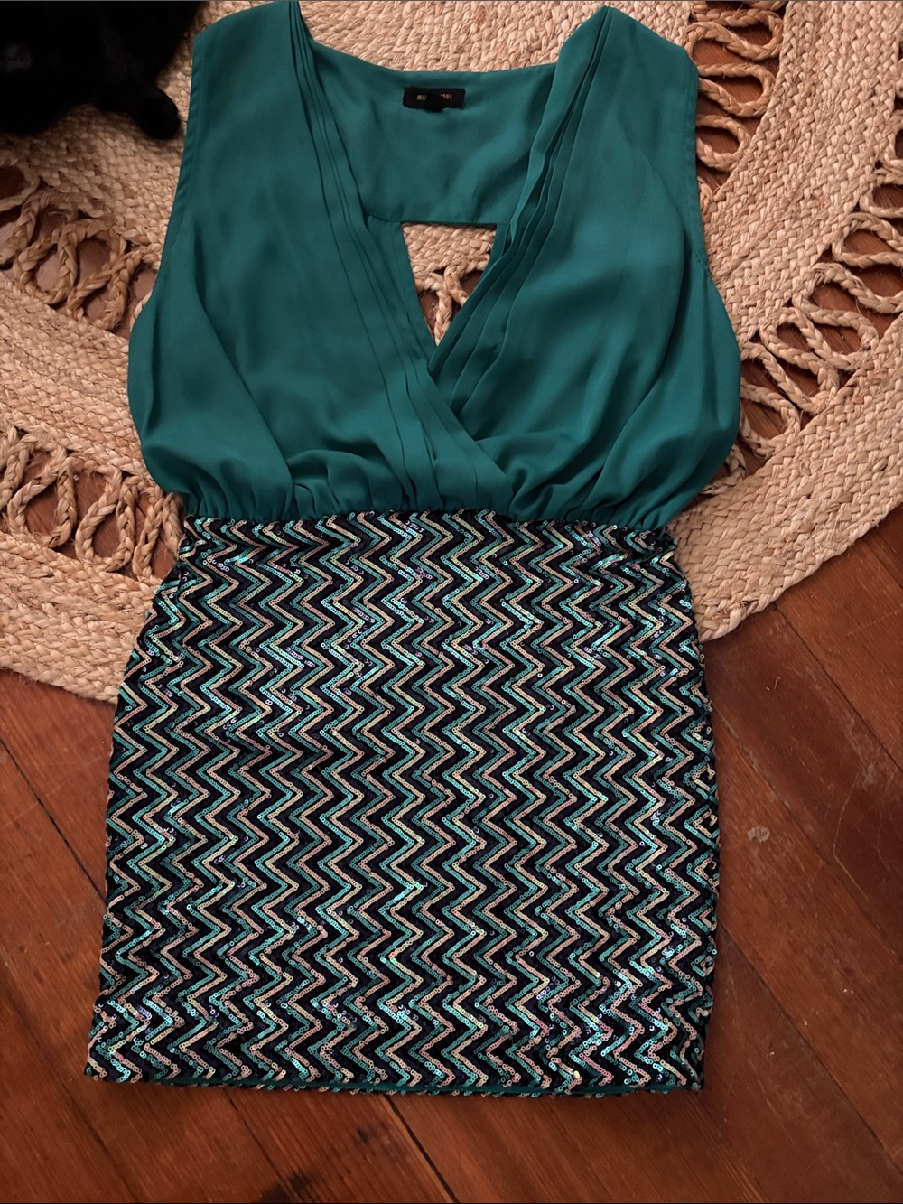 Miss Avenue Teal & Black Chevron Sequin Dress
